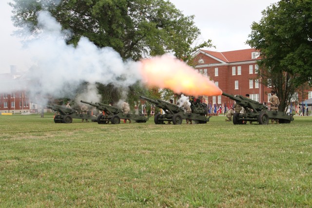 Four Howitzers are fired during the 1st Theater Sustainment Command’s change of responsibility ceremony held at Fort Knox, Kentucky, July 28, 2020. The casing of the last fired round was presented to Command Sgt. Maj. Bernard P. Smalls Sr.,...