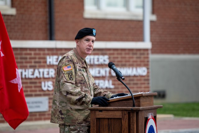 Maj. Gen. John P. Sullivan, commanding general, 1st Theater Sustainment Command, gives his remarks during the 1st TSC’s change of responsibility ceremony held at Fort Knox, Kentucky, July 28, 2020. (U. S. Army Photo by Spc. Kaylee Harris, 1st...