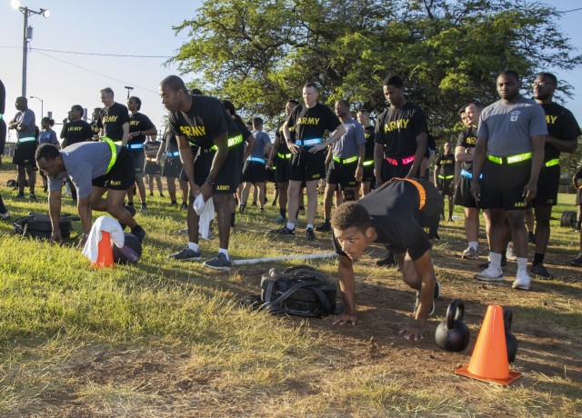 Soldiers from the 94th Army Air and Missile Defense Command complete the Army Combat Fitness Test on Oct. 26, 2019, at Fort Shafter Flats, Honolulu, Hawaii.