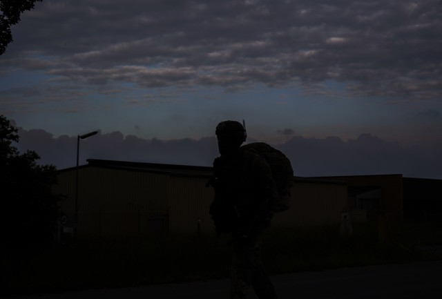 U.S. Soldier, assigned to the 2d Cavalry Regiment, participates in ruck march during final event of the Expert Infantry Badge and Expert Soldier Badge in Vilseck, Germany, June 5, 2020. The purpose of the EIB and ESB is to recognize Soldiers who have demonstrated a mastery of critical tasks to build upon the foundation of individual proficiency. (U.S. Army photo by Sgt. LaShic Patterson)