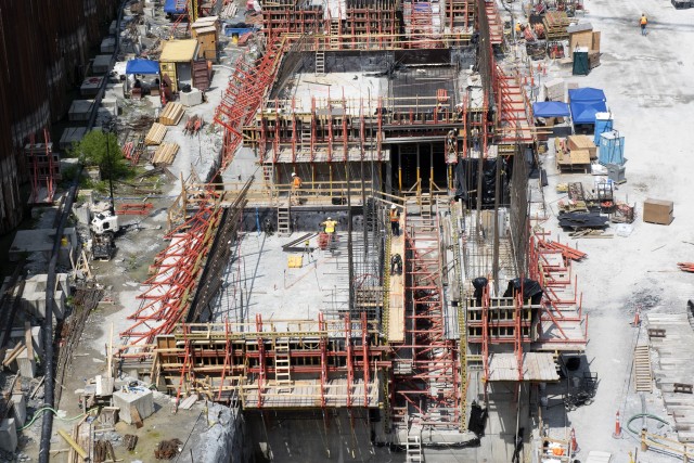 U.S. Army Corps of Engineers and Shimmick construction crews work to construct monoliths July 21, 2020 for a new navigation lock as part of the Chickamauga Lock Replacement Project at the Tennessee Valley Authority project. (USACE Photo by Leon...