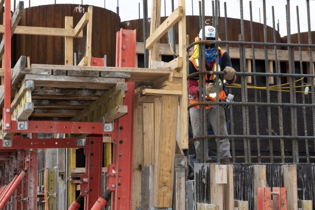 A Shimmick construction worker installs reinforcing steel July 21, 2020 in preparation to place more concrete for a monolith. The U.S. Army Corps of Engineers Nashville District is constructing a new navigation lock as part of the Chickamauga Lock...