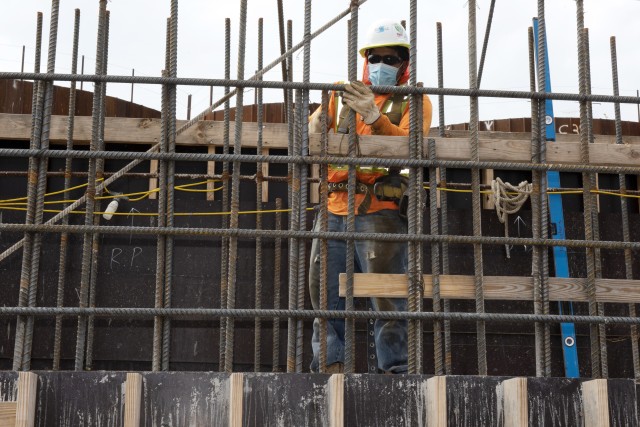 A Shimmick construction worker installs reinforcing steel July 21, 2020 in preparation to place more concrete for a monolith. The U.S. Army Corps of Engineers Nashville District is constructing a new navigation lock as part of the Chickamauga Lock...