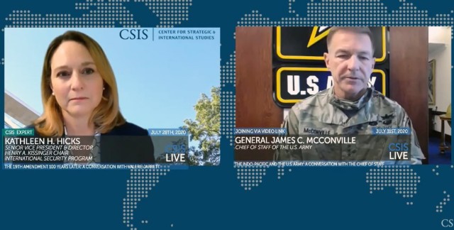 Army Chief of Staff Gen. James C. McConville, right, speaks during a discussion on Army operations within the Indo-Pacific region July 31, 2020, hosted by the Center of Strategic and International Studies.