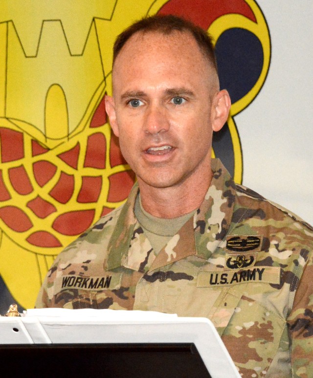 FORT LEE, VA. -- Lt. Col. Aaron T. Workman expresses heartfelt thanks to family, friends and Soldiers during a July 10 change of command ceremony in Ball Auditorium where he took charge of the 16th Ordnance Battalion, replacing Lt. Col. Misti L....