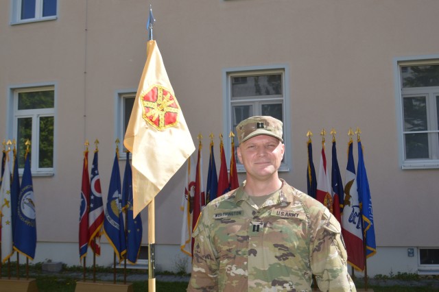 Capt. Jason L. Worthington, commander for U.S. Army Garrison Ansbach Headquarters and Headquarter Company' relinquished command in a COVID-19 appropriate ceremony July 29 at Barton Barracks.