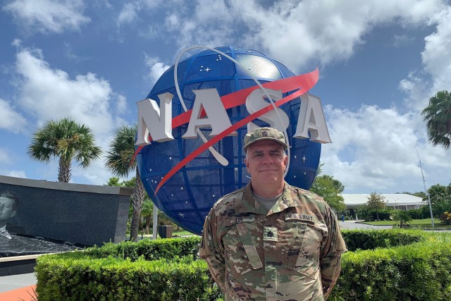 U.S. Army Reserve Lt. Col. Pat Lis pauses for a photo at the entrance to the Kennedy Space Center Visitor Complex in Florida. Lis credits the U.S. Army to his success working 33 years in the aerospace industry.
(Courtesy photo by Pat Lis)