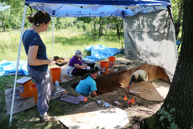 Members of the archaeology team with Colorado State University’s Center for Environmental Management of Military Lands under contract with Fort McCoy work at an active phase III archaeological dig July 6, 2017, on South Post at Fort McCoy, Wis....