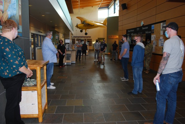 Mayor Jim Matherly of the City of Fairbanks, Alaska, welcomes Soldiers to the community at the Morris Thompson Cultural and Visitors Center. The Soldiers are participating in a newcomers orientation tour of the city.