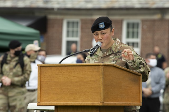 Col. Harry “Cecil” Marson, V, Commander, relinquishes command of the U.S. Army Garrison, West Point to Col. Evangeline G. Rosel with Lt. Gen. Darryl A. Williams, 60th Superintendent, United States Military Academy, presiding. The Change of Command Ceremony was held at Buffalo Soldiers Field on July 23, 2020.