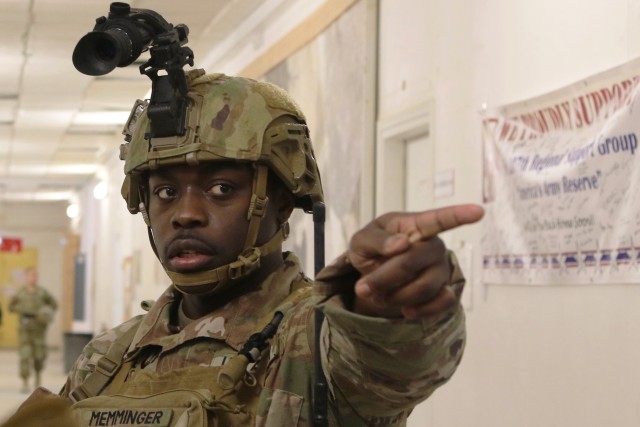 U.S. Army Capt. Jonathan K. Memminger, the 207th Regional Support Group Anti-Terrorism Force Protection officer-in-charge, gives instructions during an attack drill at Al Asad Air Base, Iraq, Feb. 25, 2020. The Army Reserve unit has acted as the...