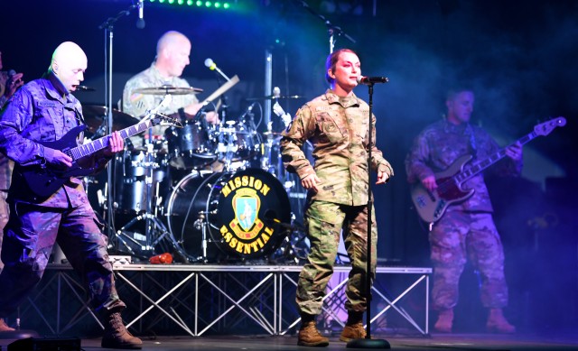 Sgt. 1st Class Jessica Gatlin performs with other members of the 282nd's 'Mission Essential' during a virtual concert on Fort Jackson July 18.