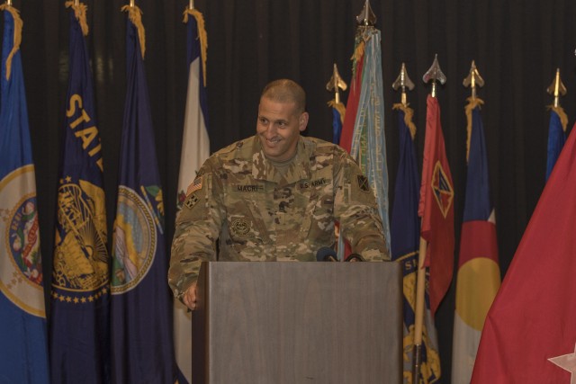 Command Sgt. Maj. Giancarlo Macri delivers a speech during the 10th Army Air and Missile Defense Command Change of Responsibility Ceremony on Aug. 6, 2020. at Ramstein Air Base, Germany.