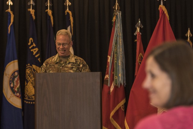 Brig. Gen. Gregory Brady delivers a speech during the 10th Army Air and Missile Defense Command change of responsibility ceremony on Aug. 6, 2020. at Ramstein Air Base, Germany.