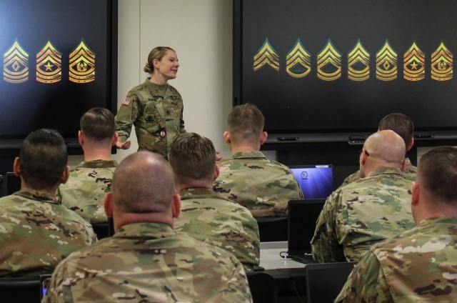 Sgt. 1st Class Heather M. Rankin is an instructor and writer with the U.S. Army Recruiting and Retention College, located at Fort Knox, Kentucky. Here we see her in her natural environment - the classroom. (Courtesy photo)