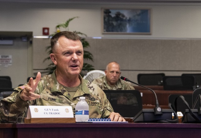 Gen. Paul E. Funk II, Commanding General, U.S. Army Training and Doctrine Command, addresses the 2020 Instructor of the Year Awardees at a virtual ceremony Aug. 6, 2020, at TRADOC Headquarters, Fort Eustis, Va. (Army photo by Dave Overson)