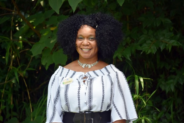 Lucinda Ward, school liaison officer for U.S. Army Garrison Japan, poses for a photo at Dewey Park, Camp Zama, Japan, Aug. 5.