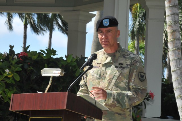 Brig. Gen. Jan C. Norris, the 311th Signal Command (Theater) Commanding General, provides remarks during a streamer presentation ceremony for having been awarded the Army Superior Unit Award. The event took place at the historic Palm Circle Gazebo...