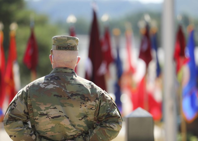 Command Sgt. Maj. Thurman Reynolds, Landstuhl Regional Medical Center, stands at parade rest during a Relinquishment of Responsibility Ceremony, at LRMC, Aug. 5.