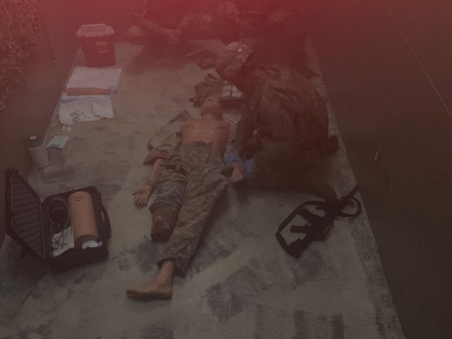 Sgt. Scott Barron, a noncommissioned officer with the Winn Army Community Hospital, tests his combat lifesaver skills July 29 at the Fort Stewart Medical Simulation Training Center.