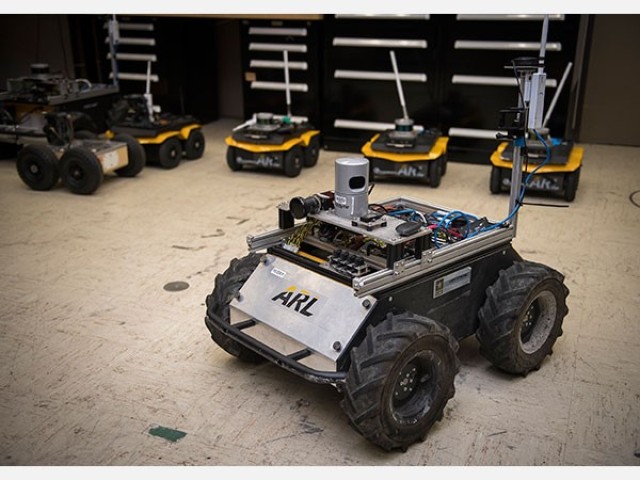 A small unmanned Clearpath Husky robot, which was used by ARL researchers to develop a new technique to quickly teach robots novel traversal behaviors with minimal human oversight.