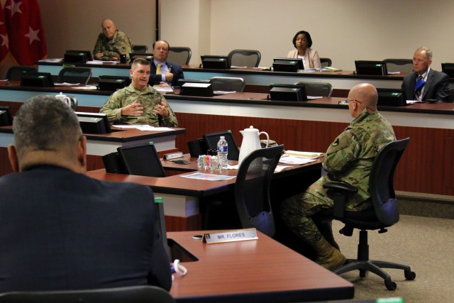 Maj. Gen. Todd Royar, U.S. Army Aviation and Missile Command commanding general, provides an overview of his plan to implement Army Materiel Command’s Project Inclusion during AMCOM’s quarterly update for Gen. Edward Daly, AMC commanding general, held Aug. 5, at Redstone Arsenal, Alabama.