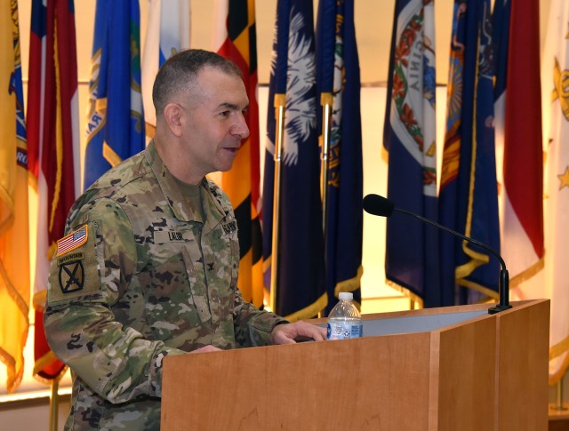 Col. Michael Lalor, commander of Army Medical Logistics Command, speaks during the U.S. Army Medical Materiel Agency’s Change of Command ceremony Aug. 7 at Fort Detrick, Maryland. Lalor recognized outgoing commander Col. Timothy Walsh and welcomed new commander Col. John “Ryan” Bailey. USAMMA is a direct reporting unit to AMLC.