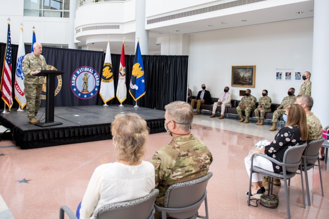 Lt. Gen. Jon A. Jensen assumes responsibility as the 22nd director of the Army National Guard on Monday at the Temple Army National Guard Readiness Center in Arlington, Va.