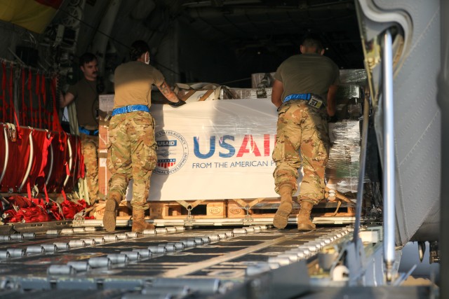 U.S. Army and Air Force service members assisted USAID with the transportation of nearly 12,000 pounds of medical kits from the Netherlands, through Germany and on to Lebanon. These kits contain items such as medicines, bandages, gauze, examination gloves, thermometers and syringes. The  International Emergency Medical Kits are designed to enable local hospitals address the critical medical needs of the victims of the recent explosion and COVID-19. (U.S. Army photo by Staff Sgt. Benjamin Northcutt, 21st Theater Sustainment Command)and)