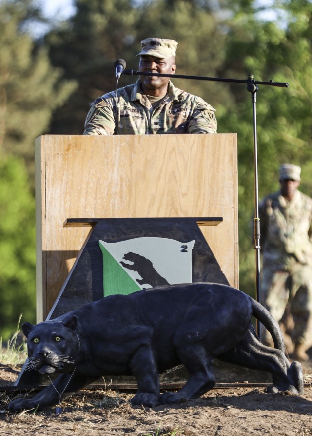 Lt. Col. George Bolton, commander of 2nd Battalion, 69th Armored Regiment, 2nd Armored Brigade Combat Team, 3rd Infantry Division, speaks during the battalion's change of command ceremony at Camp Mustang, Glebokie, Drawsko Permorkie Training Area,...