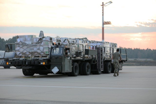 U.S. Army and Air Force service members assisted USAID with the transportation of nearly 12,000 pounds of medical kits from the Netherlands, through Germany and on to Lebanon. These kits contain items such as medicines, bandages, gauze, examination gloves, thermometers and syringes. The  International Emergency Medical Kits are designed to enable local hospitals address the critical medical needs of the victims of the recent explosion and COVID-19. (U.S. Army photo by Staff Sgt. Benjamin Northcutt, 21st Theater Sustainment Command)