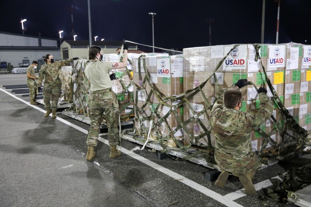 U.S. Army and Air Force service members assisted USAID with the transportation of nearly 12,000 pounds of medical kits from the Netherlands, through Germany and on to Lebanon. These kits contain items such as medicines, bandages, gauze, examination gloves, thermometers and syringes. The  International Emergency Medical Kits are designed to enable local hospitals address the critical medical needs of the victims of the recent explosion and COVID-19. (U.S. Army photo by Staff Sgt. Benjamin Northcutt, 21st Theater Sustainment Command)