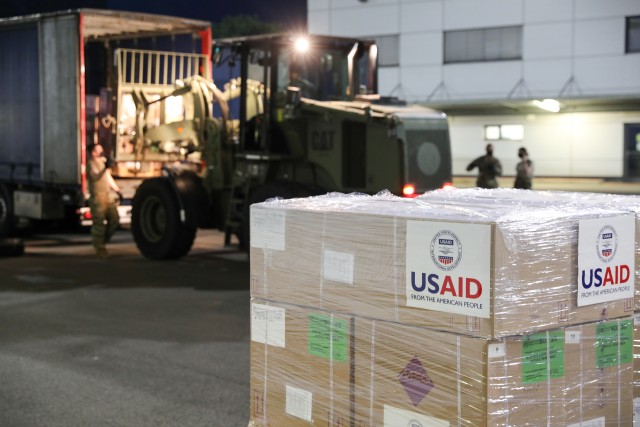 U.S. Army and Air Force service members assisted USAID with the transportation of nearly 12,000 pounds of medical kits from the Netherlands, through Germany and on to Lebanon. These kits contain items such as medicines, bandages, gauze, examination gloves, thermometers and syringes. The  International Emergency Medical Kits are designed to enable local hospitals address the critical medical needs of the victims of the recent explosion and COVID-19. (U.S. Army photo by Staff Sgt. Benjamin Northcutt, 21st Theater Sustainment Command)