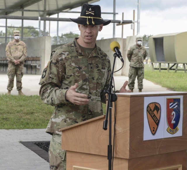 Brig. Gen. Brett Sylvia, 1st Cavalry Division Forward commander, speaks to the formation during a transfer of authority ceremony in Grafenwoehr, Germany, July 2, 2020. The 2nd Armored Brigade Combat Team, 1st Cavalry Division transferred authority...