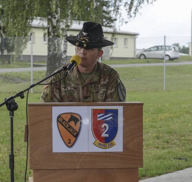 Col. Jeremy Wilson, 2nd Armored Brigade Combat Team, 1st Cavalry Division commander, speaks to the formation during a transfer of authority ceremony in Grafenwoehr, Germany, July 2, 2020. The 2-1CAV transferred authority to 2nd Armored Brigade...
