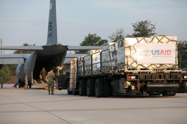 U.S. Army and Air Force service members assisted USAID with the transportation of nearly 12,000 pounds of medical kits from the Netherlands, through Germany and on to Lebanon. These kits contain items such as medicines, bandages, gauze, examination gloves, thermometers and syringes. The  International Emergency Medical Kits are designed to enable local hospitals address the critical medical needs of the victims of the recent explosion and COVID-19. (U.S. Army photo by Staff Sgt. Benjamin Northcutt, 21st Theater Sustainment Command)