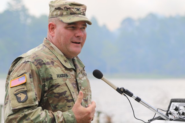Col. Steven Hayden, outgoing commander of the 926th Engineer Brigade, addresses the audience during the brigade’s change of command ceremony, July 17 on Fort Stewart. According to 926th leadership, the unit became one of the top reserve units in...