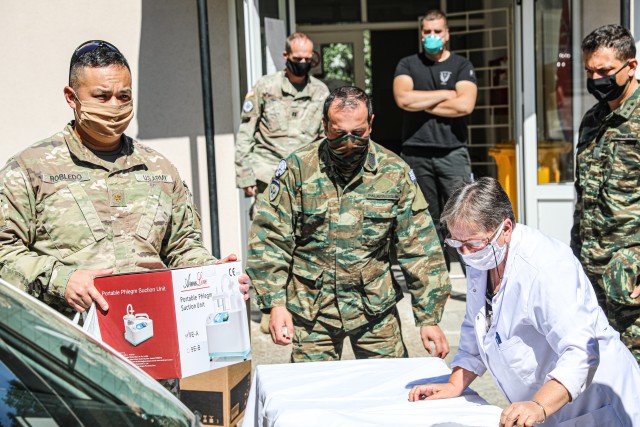 Kosovo Force Regional-Command East Soldiers from the Liaison Monitoring Team, “Kilo 5”, delivered 4 thousand euros worth of medical equipment July 28, 2020 to the Health Station of Banjska (Banjske), Kosovo.  Col. Noel Hoback, RC-E deputy brigade commander, 41st Infantry Brigade Combat Team, Oregon National Guard, presided over the delivery. The Banjska (Banjske) health clinic falls within the Greek LMT’s area of operations and has been identified as a major health resource to Zvecan municipality. (U.S. Army National Guard Story by Cpt. Nadine Wiley-Demoura)