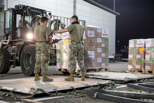 U.S. Army and Air Force service members assisted USAID with the transportation of nearly 12,000 pounds of medical kits from the Netherlands, through Germany and on to Lebanon. These kits contain items such as medicines, bandages, gauze, examination gloves, thermometers and syringes. The  International Emergency Medical Kits are designed to enable local hospitals address the critical medical needs of the victims of the recent explosion and COVID-19. (U.S. Army photo by Staff Sgt. Benjamin Northcutt, 21st Theater Sustainment Command)Sustainment Command)