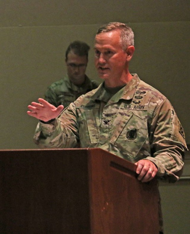 Col. John M. Cushing addresses guests at his welcome ceremony at the Main Post Chapel, Aug. 3, on Fort Stewart. Cushing returned to Fort Stewart to serve as the 3rd Infantry Division’s deputy commanding officer for support. (U.S. Army photo by...
