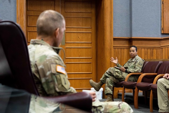 Soldiers and their spouses voice their experiences of the permenant change of station process with Sgt. Maj. of the Army Michael Grinston during his visit to Fort Leavenworth, Kans., Aug. 12, 2020.