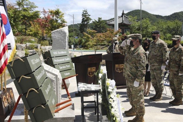 Two of the 18 Korean Service Corps company commanders salute in remembrance of the fallen KSCs at the KSC Korean War Memorial during a 70th Anniversary commemoration ceremony in Inje, South Korean, July 26, 2020. (U.S. Photo by Staff Sgt. Jacob Kohrs)