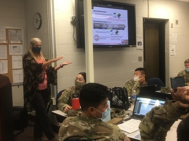 Kimberly Bottema, personal financial specialist instructs Adjutant General Basic Officer Leader Course students on the Thrift Savings Plan Class, July 21. The Fort Jackson Army Community Service Financial Readiness team is available to offer...