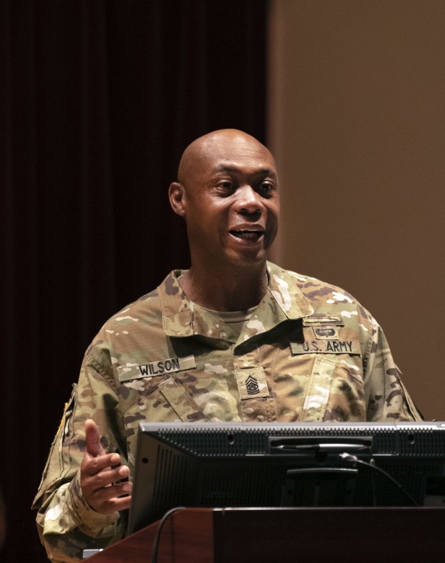 Command Sgt. Maj. Anthony Wilson speaks after assuming responsibilty for the Soldier Support Institute from Command Sgt. Maj. Jorge Escobedo in a ceremony July 31 in the SSI Auditorium. Wilson relinquished responsibilty for Fort Jackson's garrison...