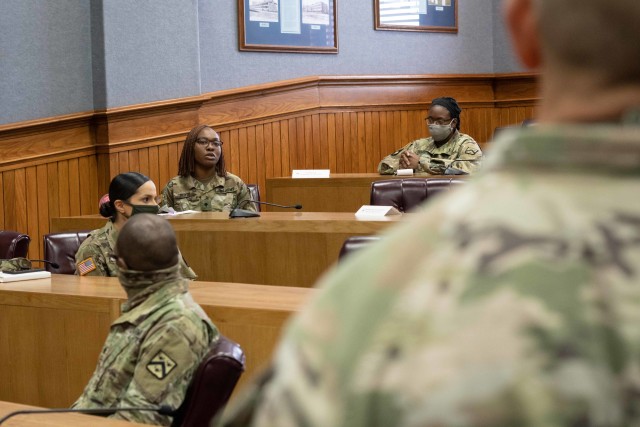 Soldiers talk about their backgrounds with Sgt. Maj. of the Army Micahel Grinston during a visit to Fort Leavenworth, Kans., Aug. 12, 2020. Grinston held an open discussion with Soldiers about diversity and inclusion. 