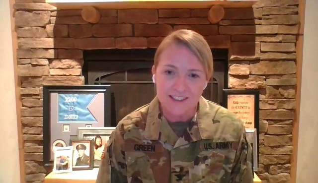 Col. Kristina Green, incoming commander of Training Support Command, Military Intelligence Readiness Command, gives her remarks during the virtual change of command ceremony of Training Support Command, August 2, 2020. (U.S. Army Reserve screenshot by MIRC public affairs)