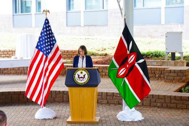 Col. Deydre Teyhen, WRAIR Commander, provides remarks at the celebration of the 50th anniversary of partnership and collaboration between WRAIR and the Republic of Kenya on September 12, 2019