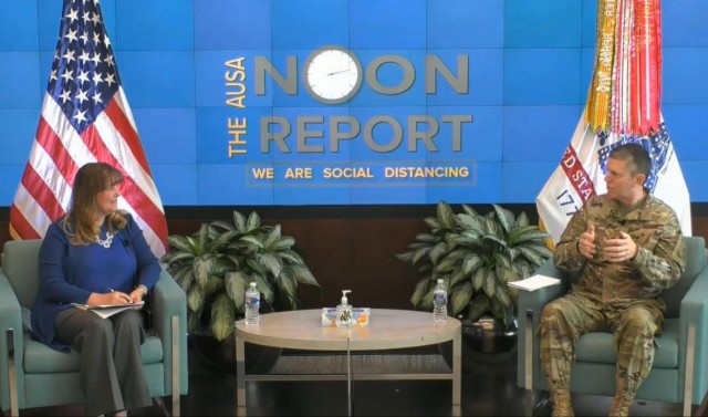 Maj. Gen. J.P. McGee, right, director of the Army Talent Management Task Force, discusses the task force's efforts over the past year as part of the Association of the U.S. Army’s Noon Report series Aug. 13, 2020.