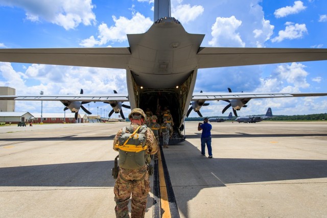 FORT BENNING, Ga. –  At Lawson Army Airfield on Fort Benning in August 2016, U.S. Army paratroopers board a C-130 aircraft for a parachute jump they later made over Fryar Drop Zone here. Fort Benning is birthplace of the U.S. Army Airborne, and home to the U.S. Army Airborne School, which trains paratroopers for the Army and other services. Aug. 16 is National Airborne Day, established in 2001 by President George W. Bush to commemorate a series of test parachute jumps that were completed Aug. 16, 1940 by the U.S. Army Parachute Test Platoon, leading to formation of the Army&#39;s Airborne units that fought in World War II.

(U.S. Army photo by Capt. Ken Woods)
