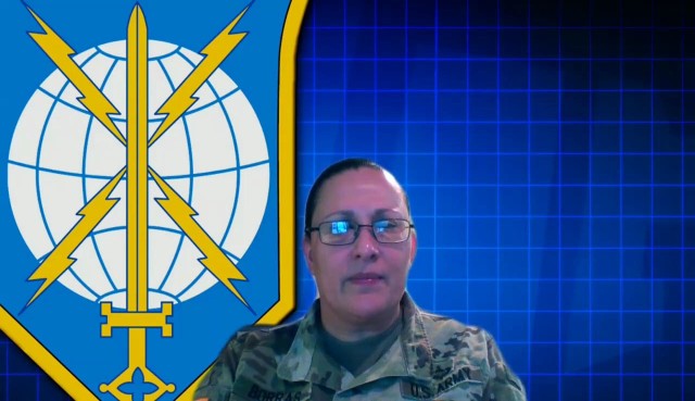 Brig. Gen. Terri Borras, commanding general of Military Intelligence Readiness Command (MIRC), gives her remarks during the virtual change of command ceremony of Training Support Command, a subordinate unit to the MIRC, August 2, 2020. (U.S. Army Reserve screenshot by MIRC public affairs)